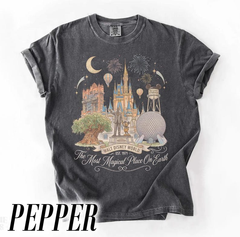 Pode incluir: Camiseta cinza escuro com um gr&aacute;fico de marcos da Walt Disney World, incluindo o castelo da Cinderela e a Spaceship Earth. O texto diz "Walt Disney World Est. 1971 The Most Magical Place On Earth." A camiseta &eacute; na cor pimenta.