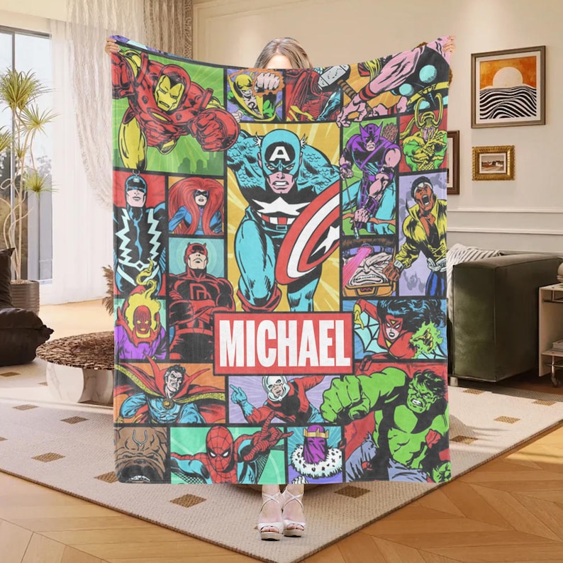 Personalized Avengers Comic Fleece Throw Blanket, Spiderman Captain America Couch Sofa image 2