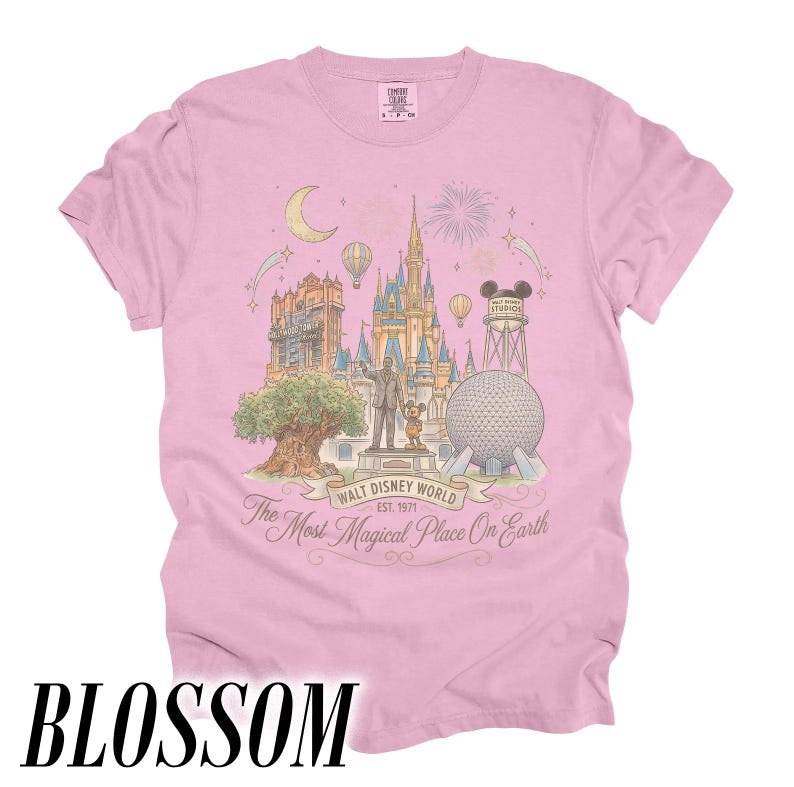 Pode incluir: T-shirt rosa claro com uma ilustra&ccedil;&atilde;o colorida de marcos da Walt Disney World, incluindo o Castelo da Cinderela e a Spaceship Earth. A camisa tem o texto "Walt Disney World Est. 1971" e "The Most Magical Place On Earth."