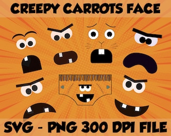 Pacote de imagens SVG com rostos de cenouras assustadoras e rostos engraçados de coelhos (download digital)