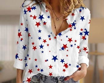 USA Casual Shirt, America Flag Blouse Shirt For Women, 4th Of July America Women Shirt, Red White Blue Button Up Shirt, Gift For Her