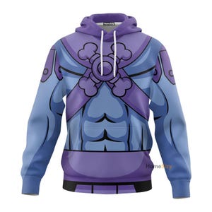 May include: A hooded sweatshirt featuring a graphic design. The design includes a purple and blue color scheme with a stylized chest and shoulder armor. The hoodie has a drawstring and the text "HomeSizy" is visible.