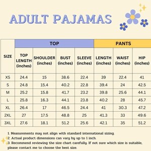 May include: A size chart for adult pajamas, with measurements in inches for tops and pants. The chart includes sizes XS to 3XL, detailing top length, shoulder width, bust, sleeve length, waist, and hip measurements. The text "ADULT PAJAMAS" is at the top.