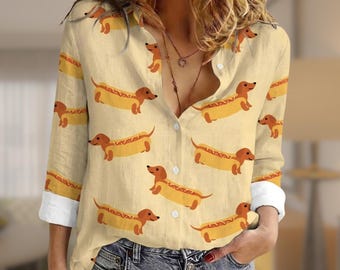 Dachshund Hot Dog Blouse, Cartoon Sausage Dogs Pattern Button Down Shirt, Playful Animal Print Top, Gift For Dog Lovers, Gifts For Her