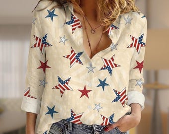 Vintage Patriotic Women Blouse, American Flag Button Shirt, Retro Stars and Stripes Top, 4th of July Celebration, USA 250th Anniversary