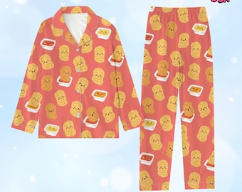 Funny Chicken Nugget Pajama Set Cute Fast Food Sleepwear Red Loungewear Gift for Nugget Lover