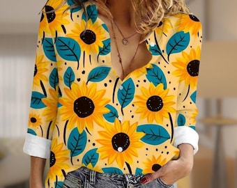 Yellow Sunflower Floral Blouse, Sun Kissed Flower Print Button Down Shirt, Long Sleeve Casual Spring Blouse, Botanical Apparel, Gift For Her
