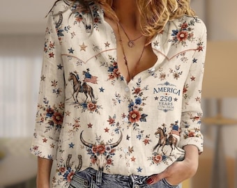 Vintage Rodeo USA Top, America 250 Years Western Shirt, Patriotic Cowboy Floral Blouse, 1776 2026 USA Pride Apparel, 4th Of July Shirt