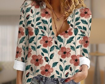 Elegant Red Rose Floral Blouse, Romantic Botanical Garden Button Down Shirt, Vintage Shabby Chic Top, Feminine Summer Apparel, Gifts For Her