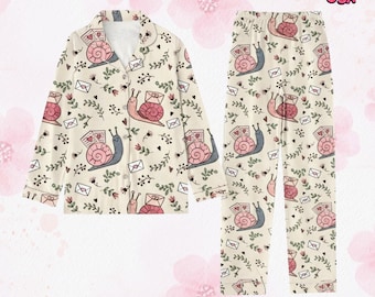 Snail Mail Pattern Pajama Set, Long Sleeve Button Down Sleepwear for Women Girls, Gift for Her