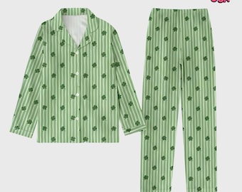Lucky Shamrock Patterned Pajamas, St Paddy's Day Green Stripe Two Piece Matching Lounge Set, Gift for Patrick'Day