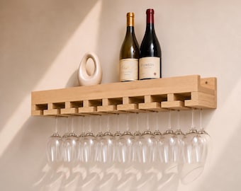 Botellero de pared de pino macizo, soporte de madera para copas, estante para botellas de vino, 4 tamaños.