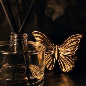 Peut inclure: Un flacon diffuseur à roseaux en verre transparent avec des bâtonnets noirs et une figurine de papillon en or métallique. Le flacon présente un logo circulaire sombre sur le devant. L'ensemble est sur un fond sombre et texturé.