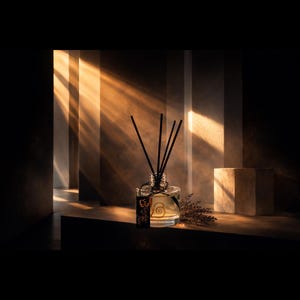 May include: A clear glass diffuser bottle with black reeds, a decorative label, and a spiral design. The bottle sits on a dark surface with a dried floral arrangement and a geometric block. The background features vertical stripes.