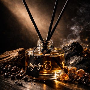 May include: A glass diffuser bottle with black reeds, filled with amber liquid. A black tag with the word "Majesty" and a gold spiral design hangs from the bottle. The scene includes dark wood, incense, and amber-coloured crystals.