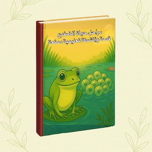 Op de afbeelding: Een kinderboek met een levendige illustratie van een groene kikker op een waterlelieblad, omringd door kikkerdril in een vijver. De omslag heeft Arabische tekst en een gele achtergrond. Het boek heeft een rode rug.