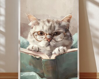 May include: Framed print of a cat wearing spectacles, engrossed in a book. The cat has grey and white fur and is looking at the viewer. The book is open, with text visible. The print is in a white frame.