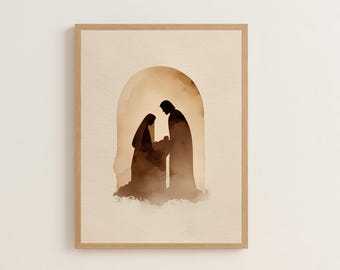 May include: Watercolor print of the Nativity scene, framed in a light wood. The artwork depicts the silhouettes of Mary, Joseph, and baby Jesus within an arched structure, rendered in shades of brown against a beige background.