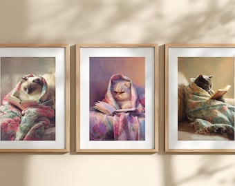 Cat Reading Book Art Print Set | Cozy Floral Blanket Decor (Digital Download)