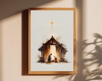 May include: Watercolor print of a Nativity scene in a wooden frame. The artwork depicts a stable with figures and a bright star above. The color palette includes warm browns and soft whites, creating a serene atmosphere.
