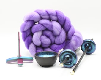 Ultimate Beginner Mermaid Drop Spindle Kit - Midi Size Purple- Top Bottom Supported Turkish - Learn To Spin Kit
