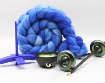 Ultimate Beginner Blue & Emerald Dragon Drop Spindle Kit - Midi Size Blue - Top Bottom Supported Turkish - Learn To Spin Kit