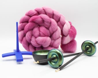 Ultimate Beginner Blue & Emerald Dragon Drop Spindle Kit - Midi Size Berry Crush - Top Bottom Supported Turkish - Learn To Spin Kit