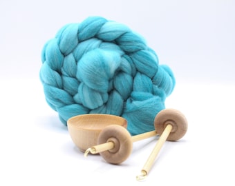 Complete Beginner Drop Spindle Spinning Kit - Mini Size Teal - Learn To Spin - Top Whorl, Bottom Whorl, Supported, and Roving