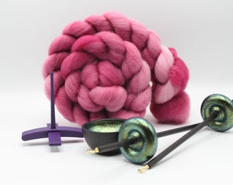 Ultimate Beginner Purple & Emerald Dragon Drop Spindle Kit - Midi Size Pink - Top Bottom Supported Turkish - Learn To Spin Kit
