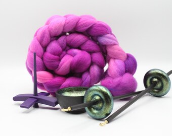 Ultimate Beginner Purple & Emerald Dragon Drop Spindle Kit - Midi Size Berry Crush - Top Bottom Supported Turkish - Learn To Spin Kit