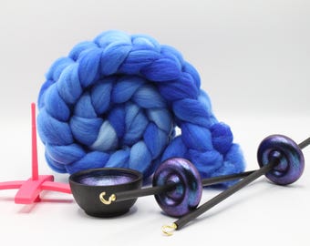 Ultimate Beginner Pink & Emerald Dragon Drop Spindle Kit - Midi Size Blue - Top Bottom Supported Turkish - Learn To Spin Kit