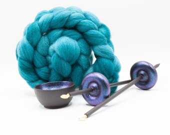 Complete Beginner Electric Night Drop Spindle Spinning Kit - Midi Size Teal - Top Whorl, Bottom Whorl, Supported, and Roving