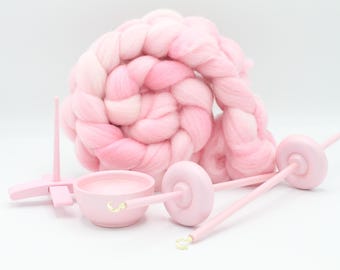 Ultimate Beginner Pastel Pink Drop Spindle Kit - Midi Size - Top Bottom Supported Turkish - Learn To Spin Kit