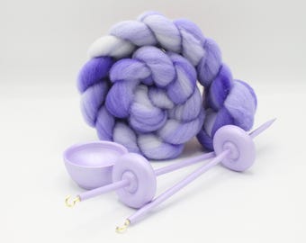 Complete Beginner Pastel Purple Drop Spindle Spinning Kit - Midi Size - Top Whorl, Bottom Whorl, Supported, and Roving