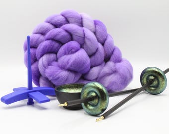 Ultimate Beginner Blue & Emerald Dragon Drop Spindle Kit - Midi Size Purple - Top Bottom Supported Turkish - Learn To Spin Kit