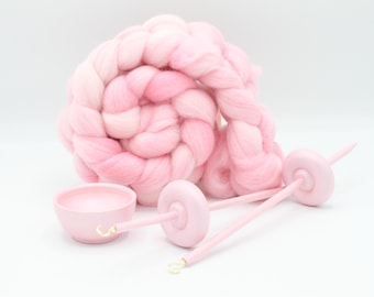 Complete Beginner Pastel Pink Drop Spindle Spinning Kit - Midi Size - Top Whorl, Bottom Whorl, Supported, and Roving