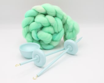 Complete Beginner Pastel Green Drop Spindle Spinning Kit - Midi Size - Top Whorl, Bottom Whorl, Supported, and Roving