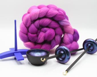 Ultimate Beginner Blue & Emerald Dragon Drop Spindle Kit - Midi Size Berry Crush - Top Bottom Supported Turkish - Learn To Spin Kit