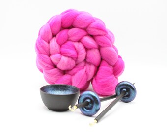 Complete Beginner Mermaid Drop Spindle Spinning Kit - Mini Size Pink - Top Whorl, Bottom Whorl, Supported, and Roving