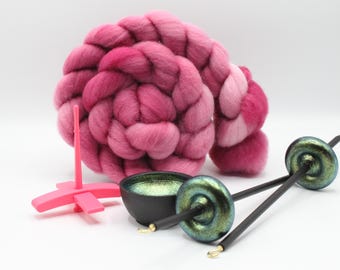 Ultimate Beginner Pink & Emerald Dragon Drop Spindle Kit - Midi Size Pink - Top Bottom Supported Turkish - Learn To Spin Kit
