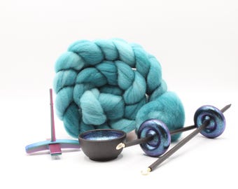Ultimate Beginner Mermaid Drop Spindle Kit - Midi Size Teal - Top Bottom Supported Turkish - Learn To Spin Kit