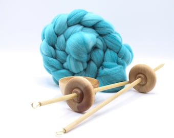 Complete Beginner Drop Spindle Spinning Kit - Lace Weight Size Teal - Learn To Spin - Top Whorl, Bottom Whorl, Supported, and Roving