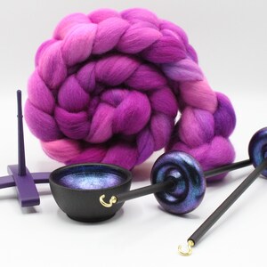Ultimate Beginner Purple & Electric Night Drop Spindle Kit - Midi Size Berry Crush - Top Bottom Supported Turkish - Learn To Spin Kit