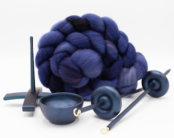 Ultimate Beginner Sea Serpent Drop Spindle Kit - Midi Size Navy - Top Bottom Supported Turkish - Learn To Spin Kit