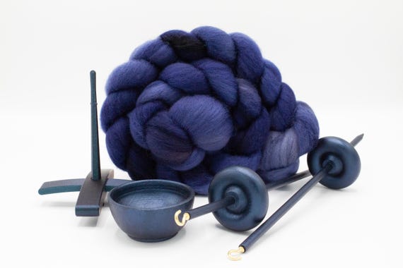 Ultimate Beginner Sea Serpent Drop Spindle Kit - Midi Size Navy - Top Bottom Supported Turkish - Learn To Spin Kit