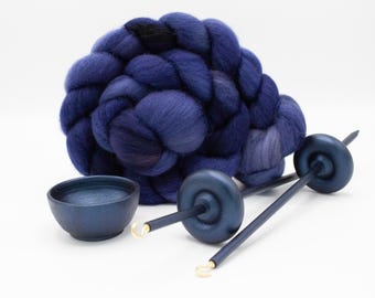 Complete Beginner Sea Serpent Drop Spindle Spinning Kit - Midi Size Navy - Top Whorl, Bottom Whorl, Supported, and Roving