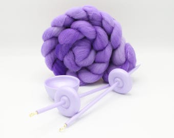 Complete Beginner Pastel Purple Drop Spindle Spinning Kit - Midi Size - Top Whorl, Bottom Whorl, Supported, and Roving