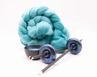Complete Beginner Mermaid Drop Spindle Spinning Kit - Midi Size Teal - Top Whorl, Bottom Whorl, Supported, and Roving
