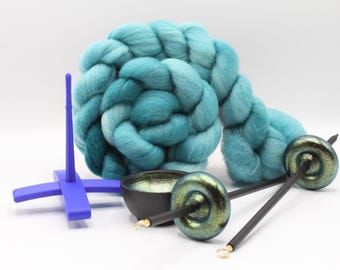 Ultimate Beginner Blue & Emerald Dragon Drop Spindle Kit - Midi Size Teal - Top Bottom Supported Turkish - Learn To Spin Kit
