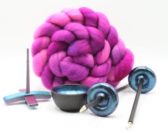 Ultimate Beginner Mermaid Drop Spindle Kit - Midi Size Berry Crush- Top Bottom Supported Turkish - Learn To Spin Kit